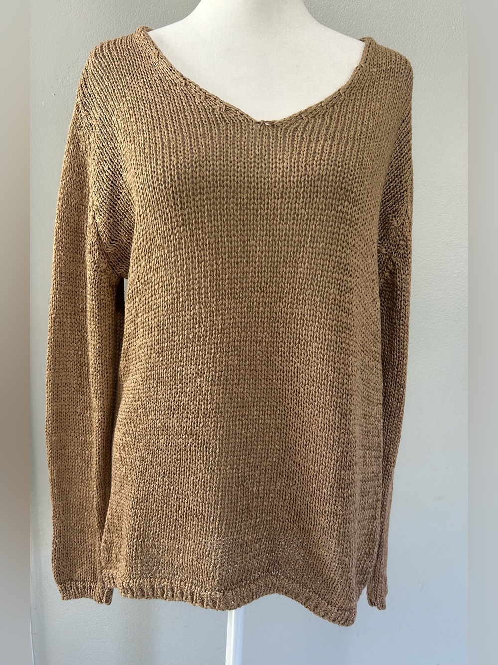 John P Greece Loose Knit V-Neck Tan Sweater (fits medium / large looser fit)